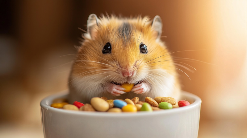 食べ物をほおばるハムスター